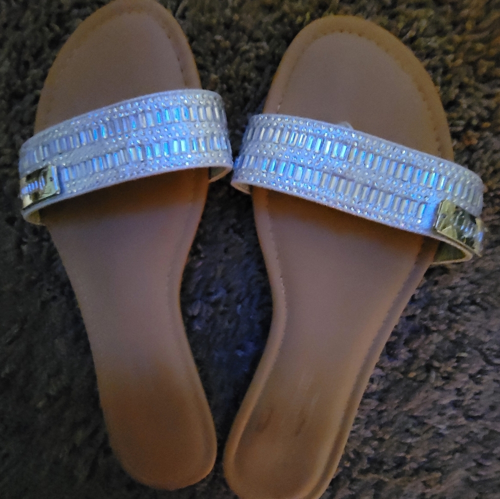 Juicy Couture Tan Slide Sandals with Silver Beaded Straps